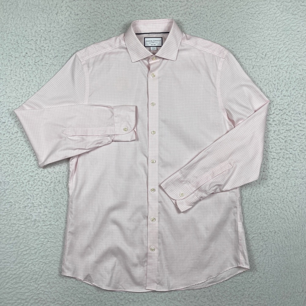 Charles Tyrwhitt Button Down Shirt Mens 16/34 Pink Slim Linen Blend Gingham
